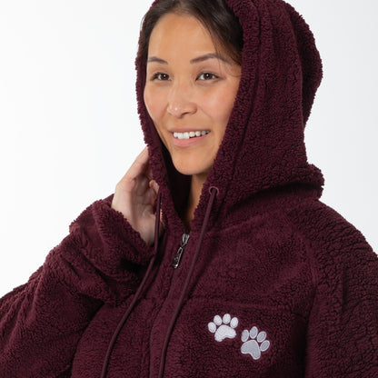 Paw Print Sherpa Full Zip Hooded Jacket with Zippered Side Pockets