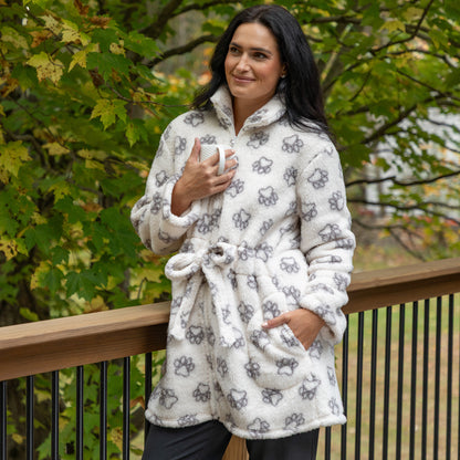 Paw Outline Sherpa Fleece Cinch Waist Zip Robe Jacket