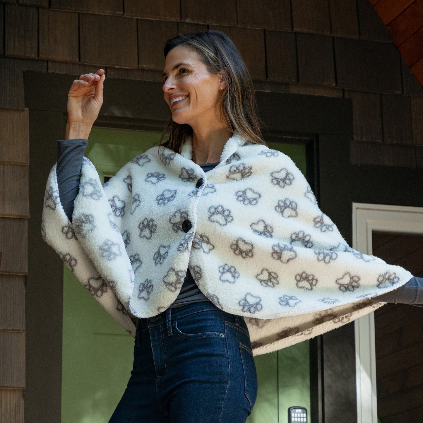 Paw Print Outline Sherpa Fleece Two Button Cape