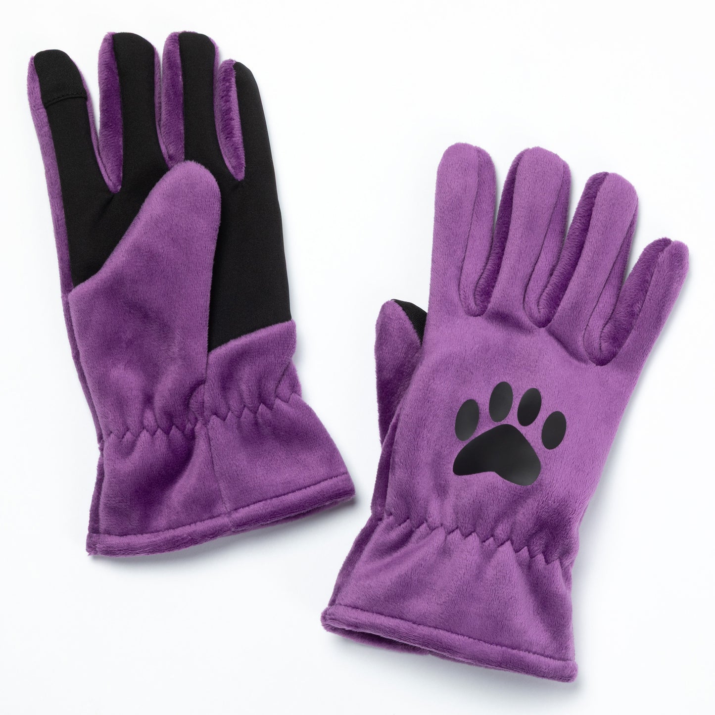 Purple fleece gloves with a black paw print on a white background.