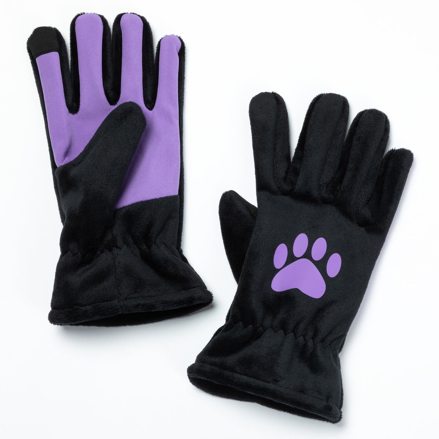 Black gloves with purple accents and paw print on a white background