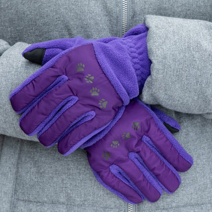 Purple gloves with paw prints on a gray background