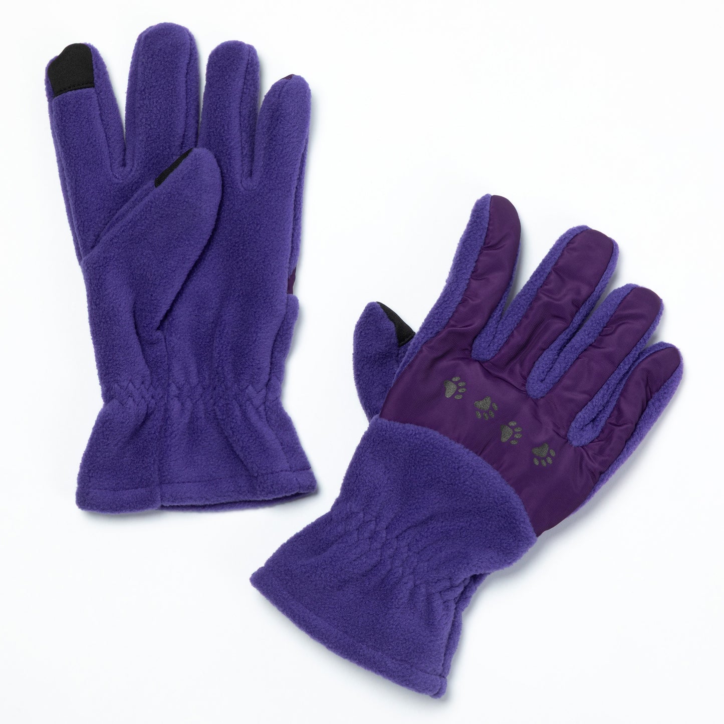 Pair of purple gloves with paw print design on a white background