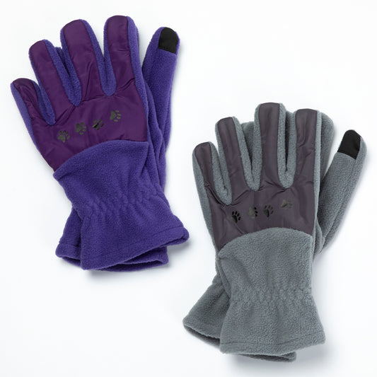 Pair of purple and gray gloves on a white background