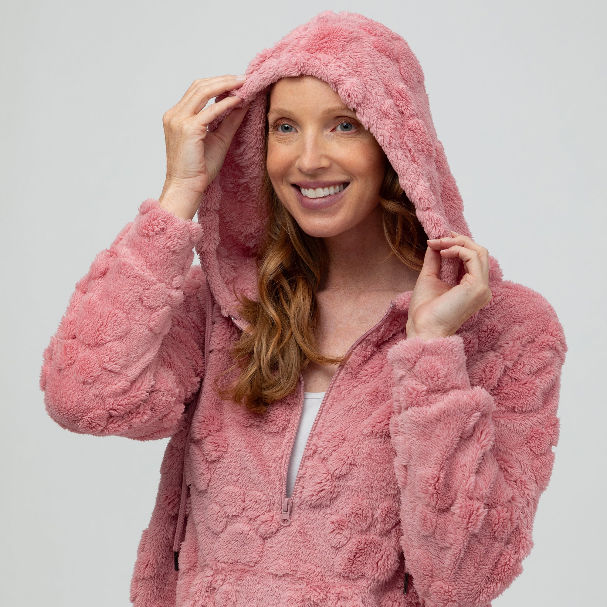 Raised Paw Print Sherpa Fleece Quarter Zip Hoodie with Kangaroo