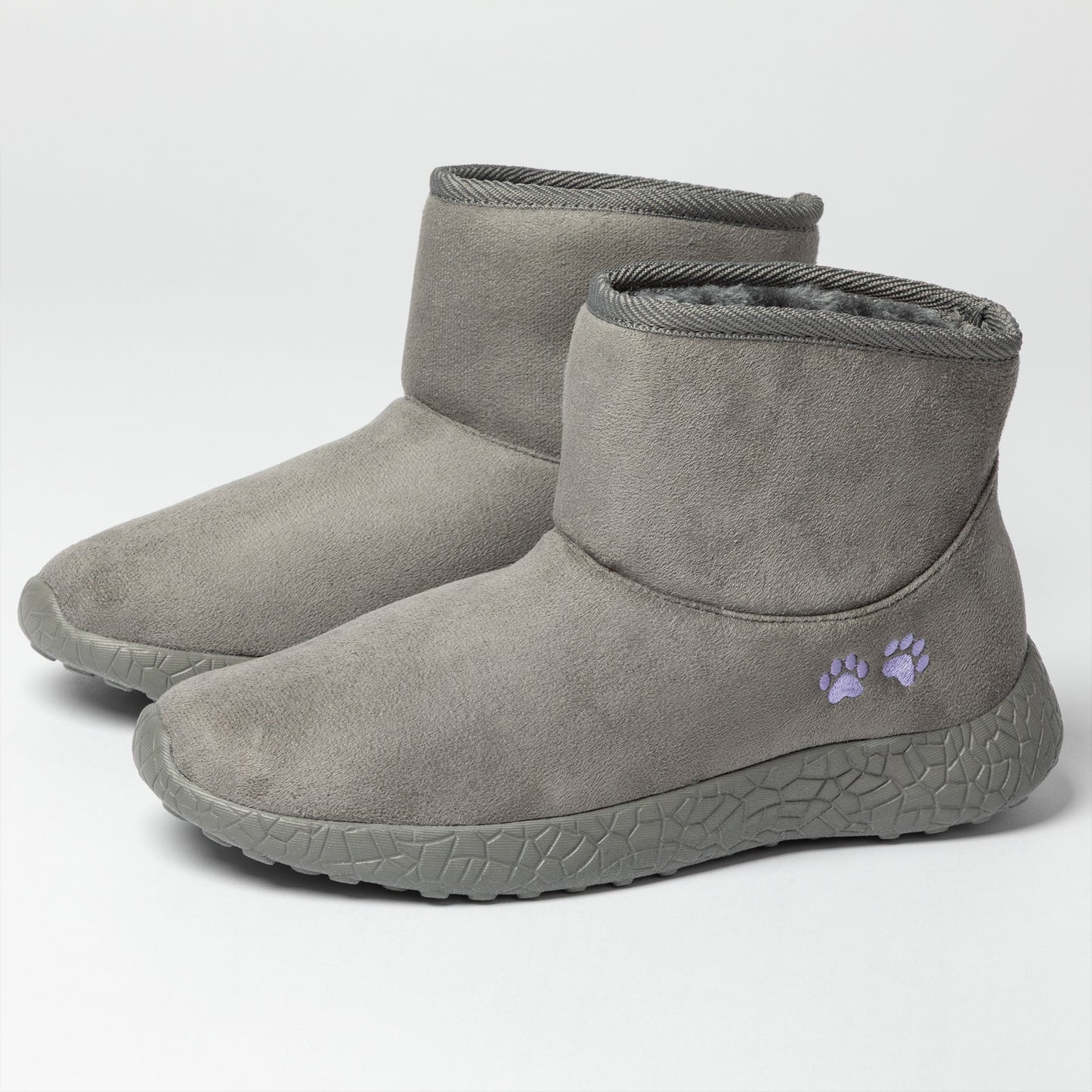 Gray ankle boots with paw prints on a white background