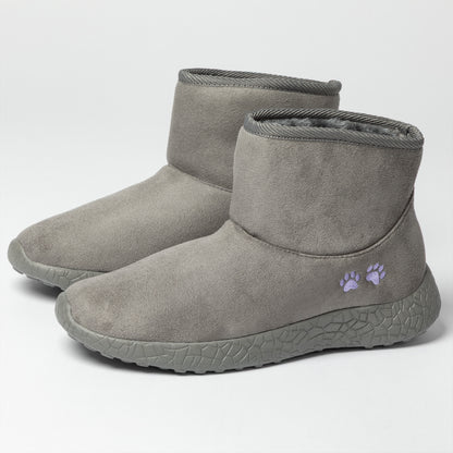 Gray ankle boots with paw prints on a white background