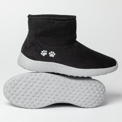 Black pet boots with white paw prints on a light gray background