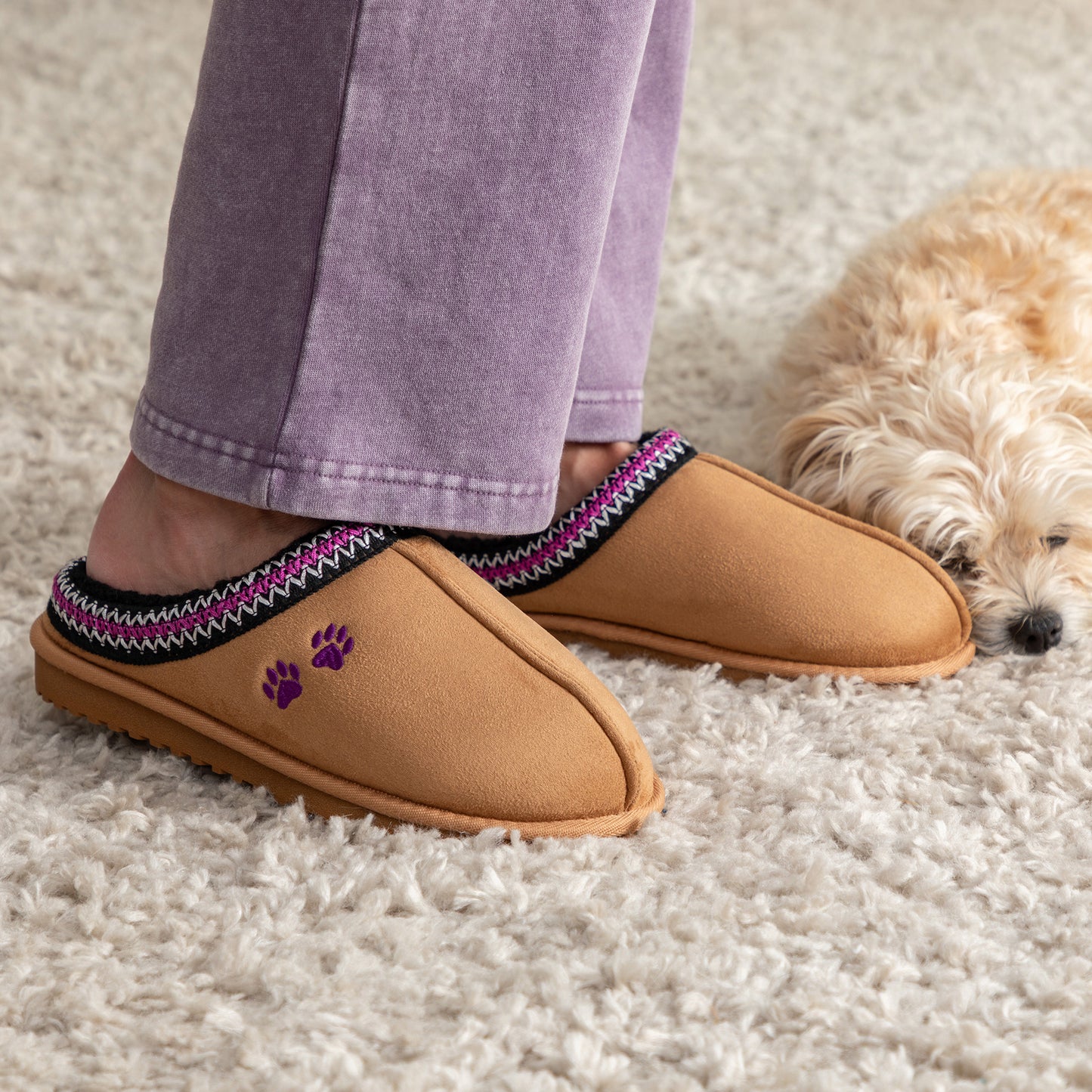 Person wearing tan slippers with paw design on a carpeted floor next to a dog.