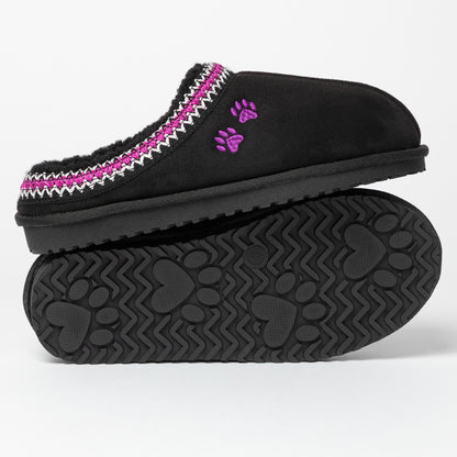Black slipper with pink accents and paw prints on a white background.
