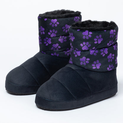 A pair of black slip-on slipper boots with purple paw print patterns on the cuffs, against a white background.