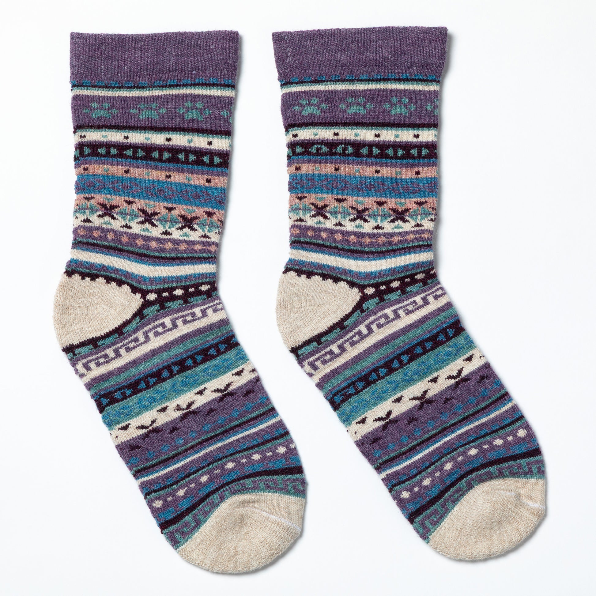 Pair of patterned socks on a white background