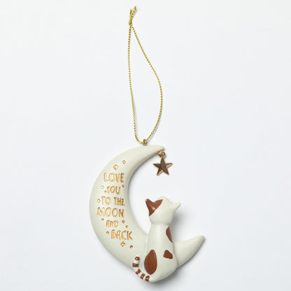 Decorative ornament with a cat on a moon, featuring 'Love you to the moon and back' text, on a white background.