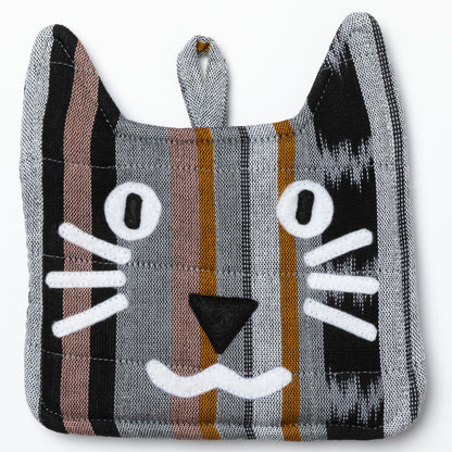 Striped cat-shaped pot holder with a white background