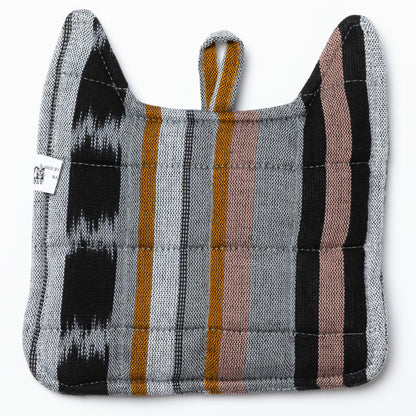 Back of a cat themed pot holder with striped colorful fabric