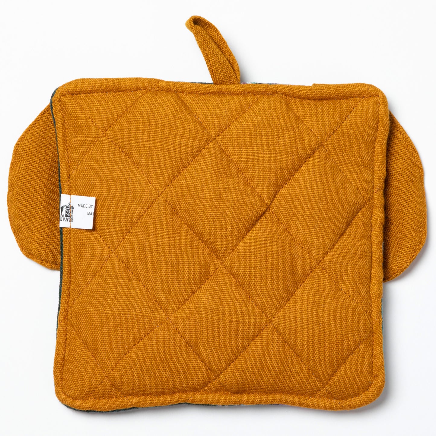 Pair of mustard yellow quilted pot holders on a white background