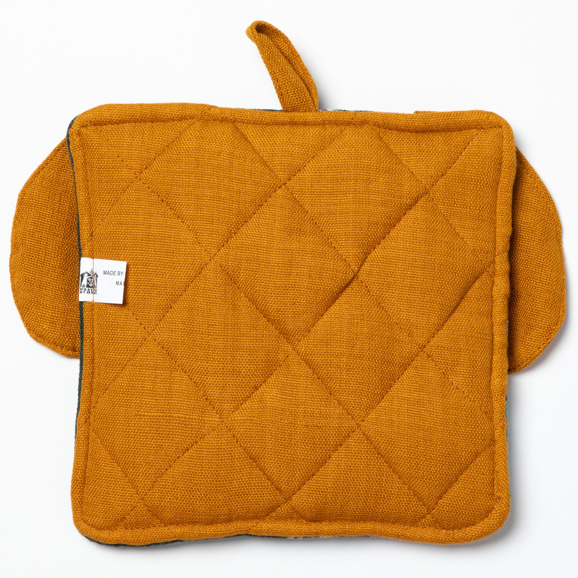 Pair of mustard yellow quilted pot holders on a white background