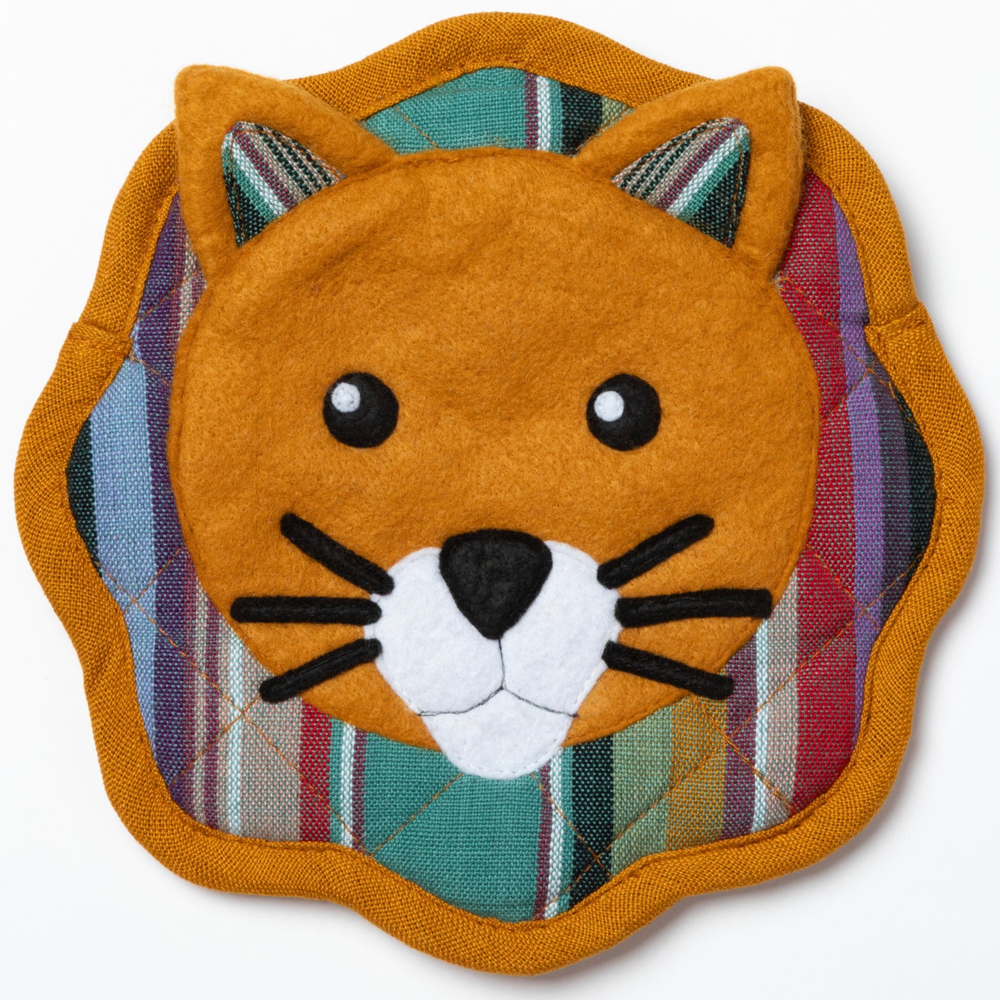 Fabric cat head tortilla holder with striped background on a white background
