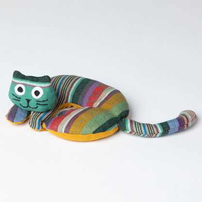 Colorful striped cat-shaped coaster on a white background