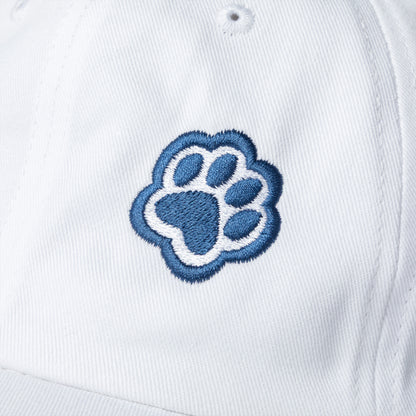 Embroidered paw prints on a white hat