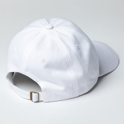 The back of a white baseball cap with a white background