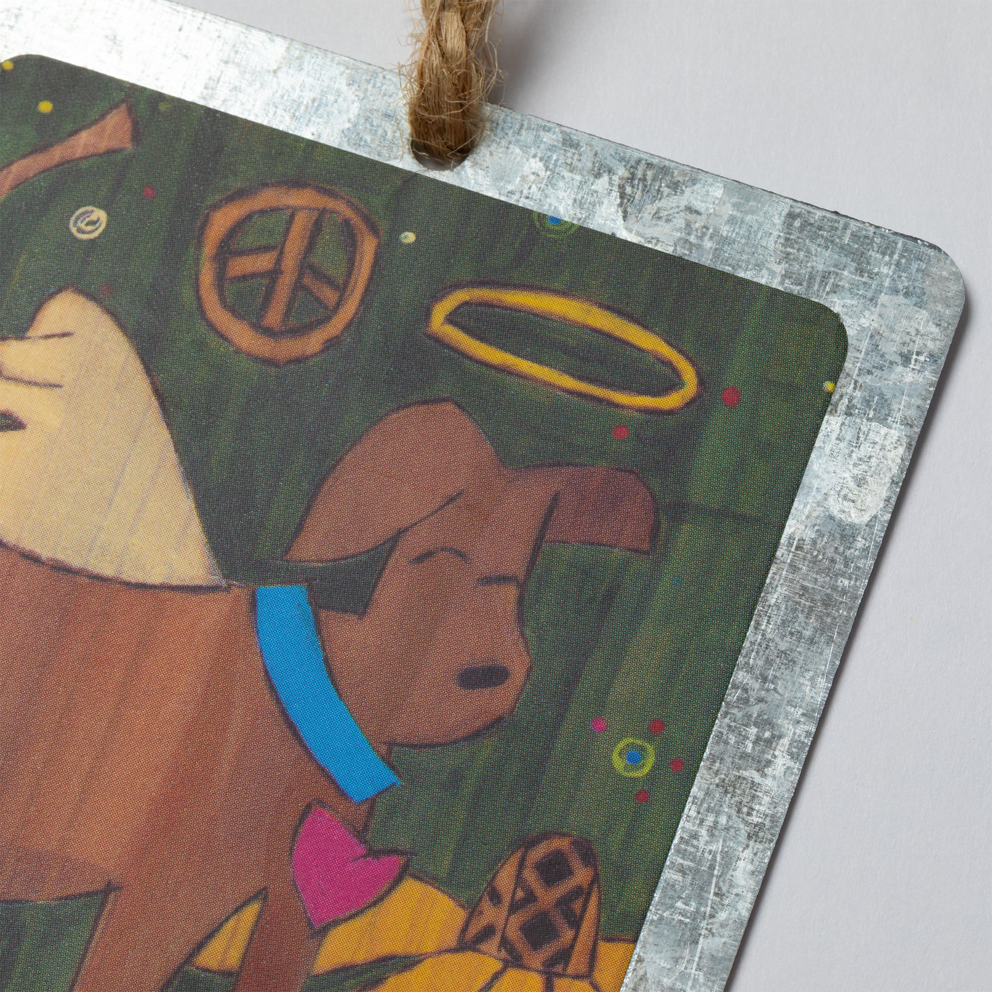 A dog illustration with a halo,  a peace sign, flower  in the back, against a white background