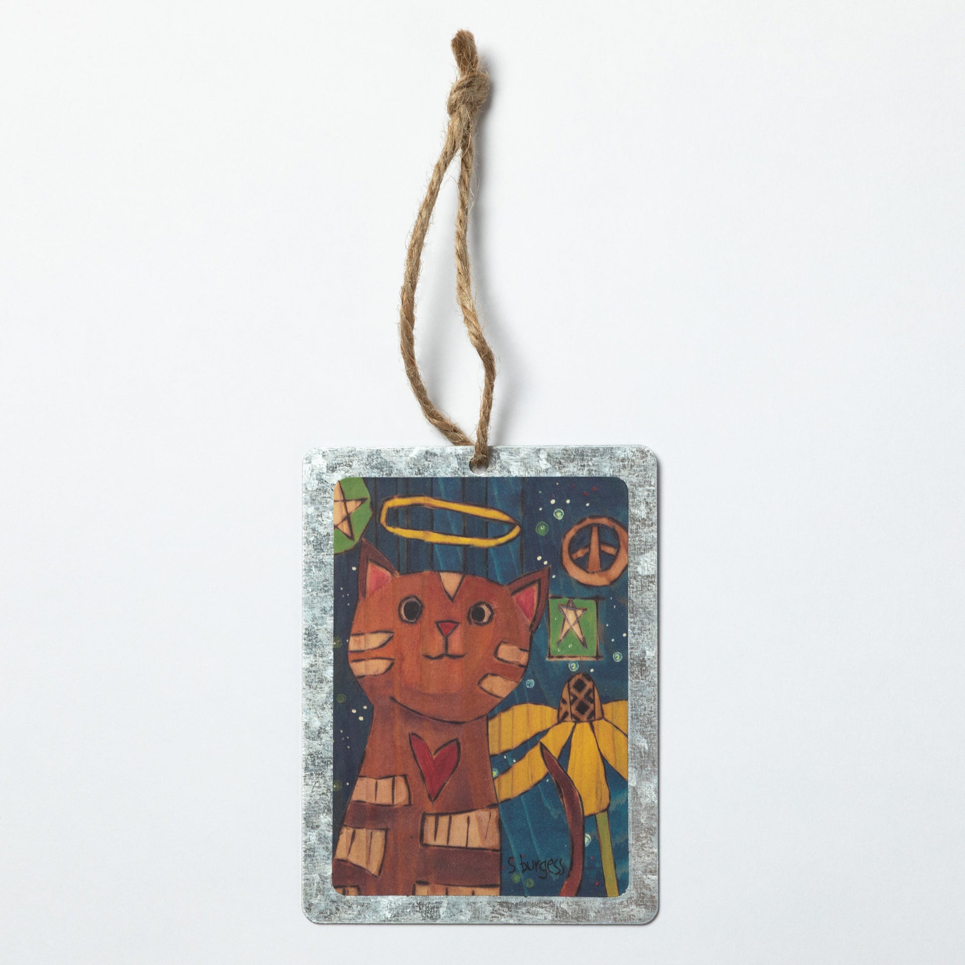 Decorative hanging ornament with a cat illustration, with a peace sign, flower and stars in the back, against a white background