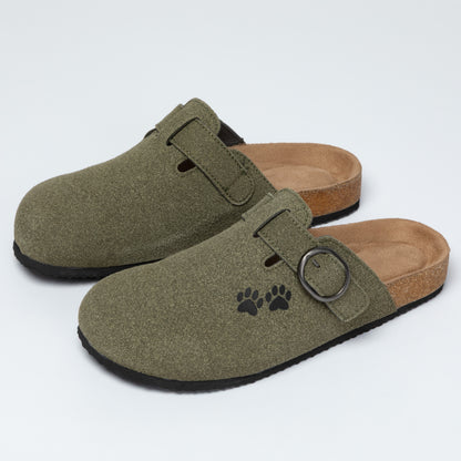 Olive green clogs featuring a buckle and playful paw print design.