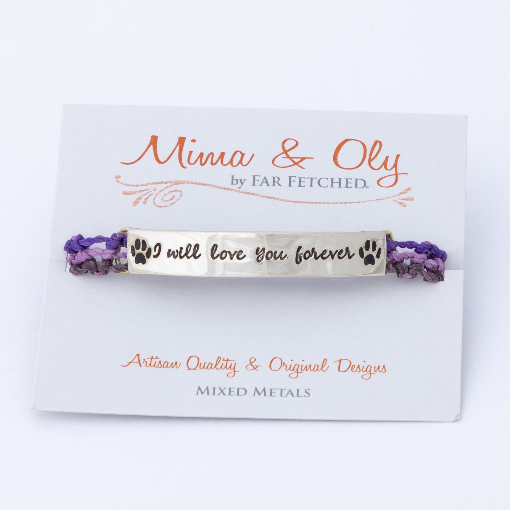 Bracelet with 'I will love you forever' message on a branded card