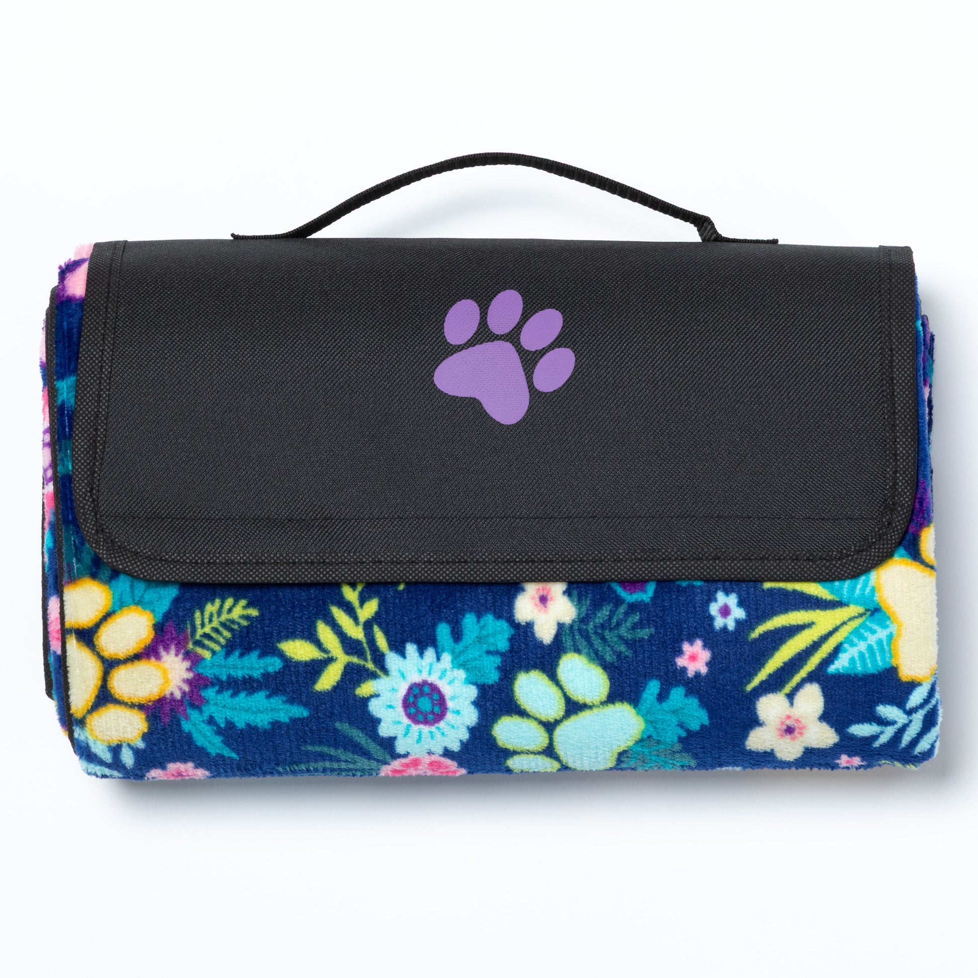 Floral-patterned outdoor pet blanket with a purple paw print on a white background.