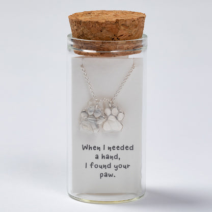 Necklace with paw charm in a glass jar with cork lid on a white background
