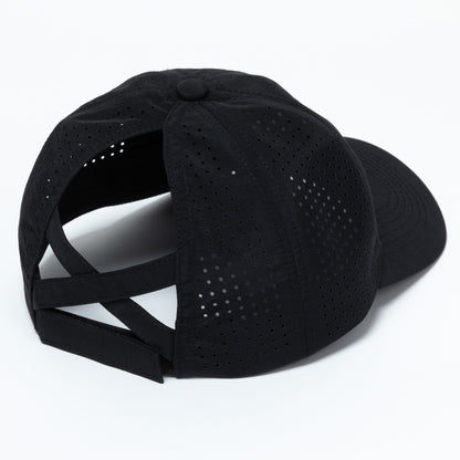 Black baseball cap with mesh design on a white background