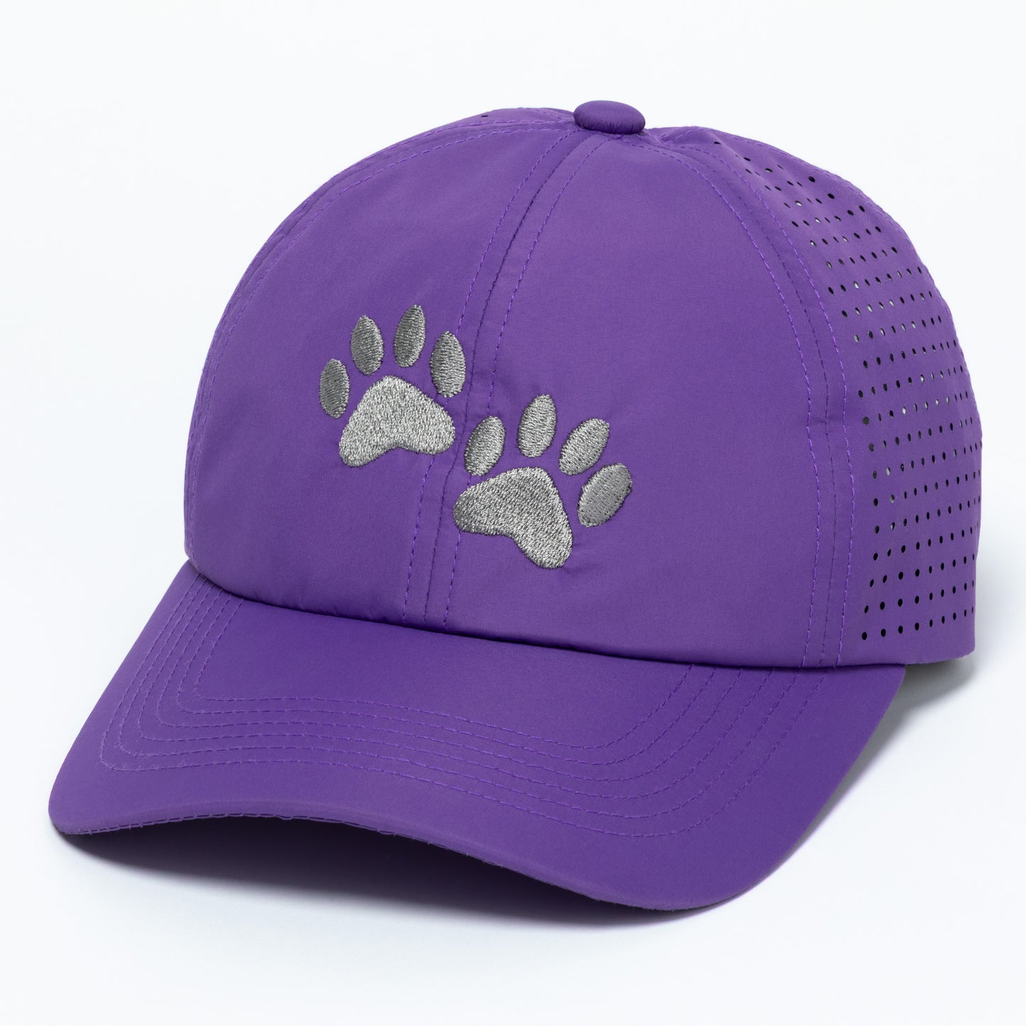 Purple cap with paw prints on a white background
