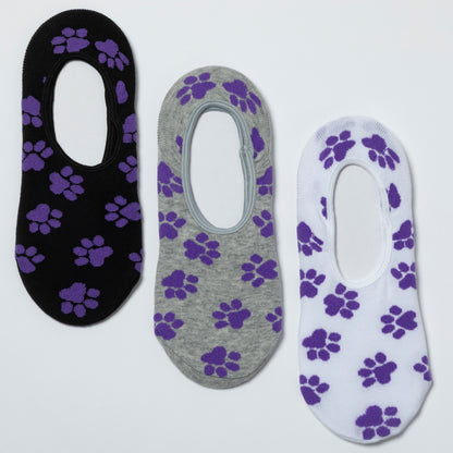 Three pairs of no-show socks with purple paw prints on a white background