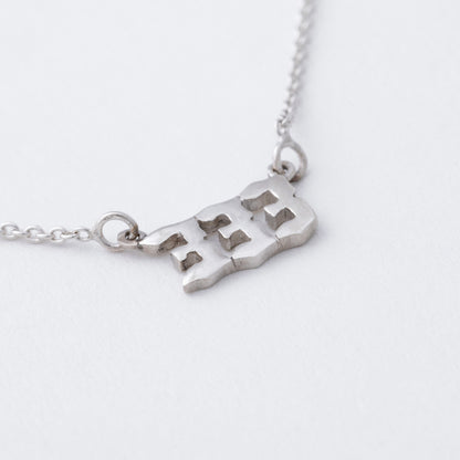 Silver necklace with a map pendant on a white background