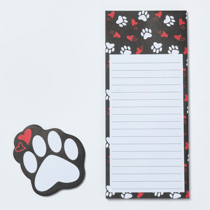 Notepad with paw print design and a matching paw-shaped magnet on a light gray background