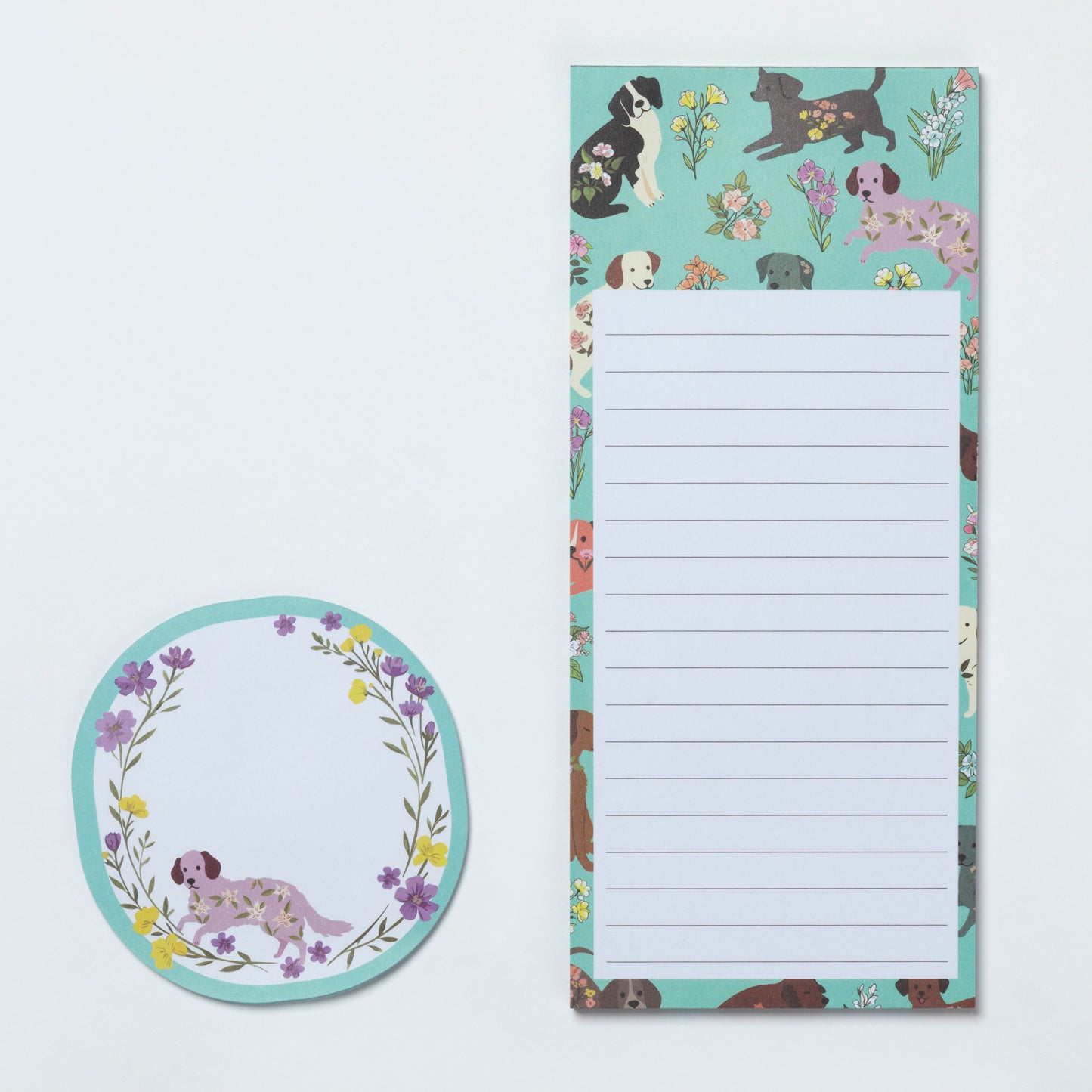 Notepad with dog illustrations on a floral background