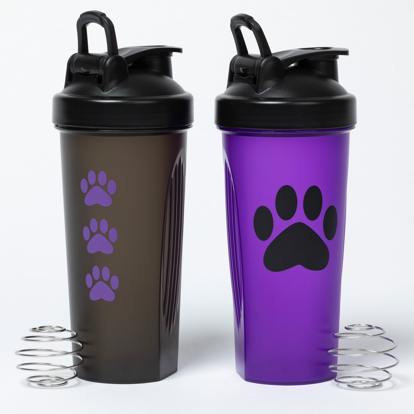 Two shaker bottles, one black and one purple, with paw prints on a white background.