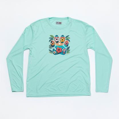 A mint green long-sleeve sun shirt with a colorful floral graphic on the chest, displayed on a white background.