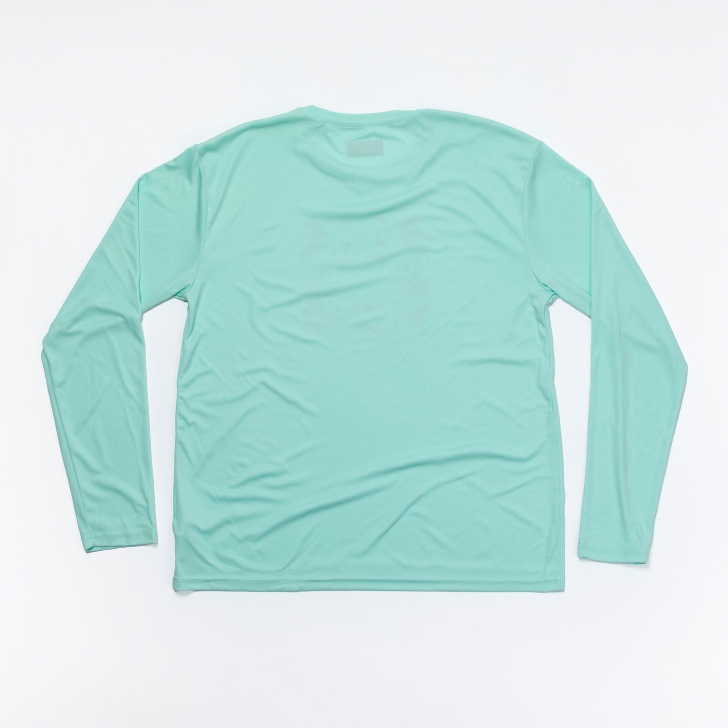 A mint green long-sleeve athletic shirt laid flat on a white background.
