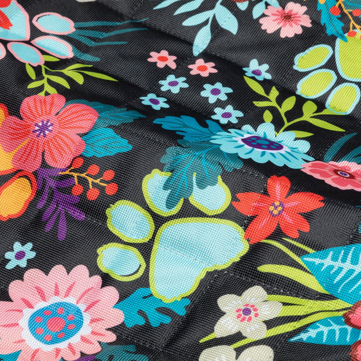 Colorful floral pattern on black fabric