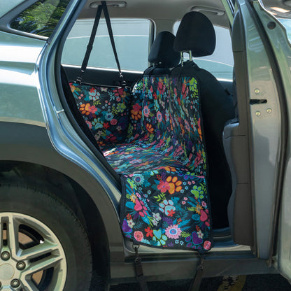 Car seat cover with floral pattern inside a vehicle