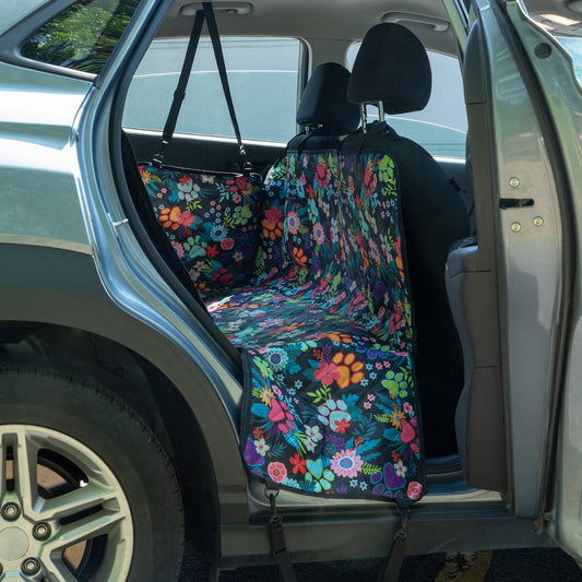 Car seat cover with floral pattern inside a vehicle