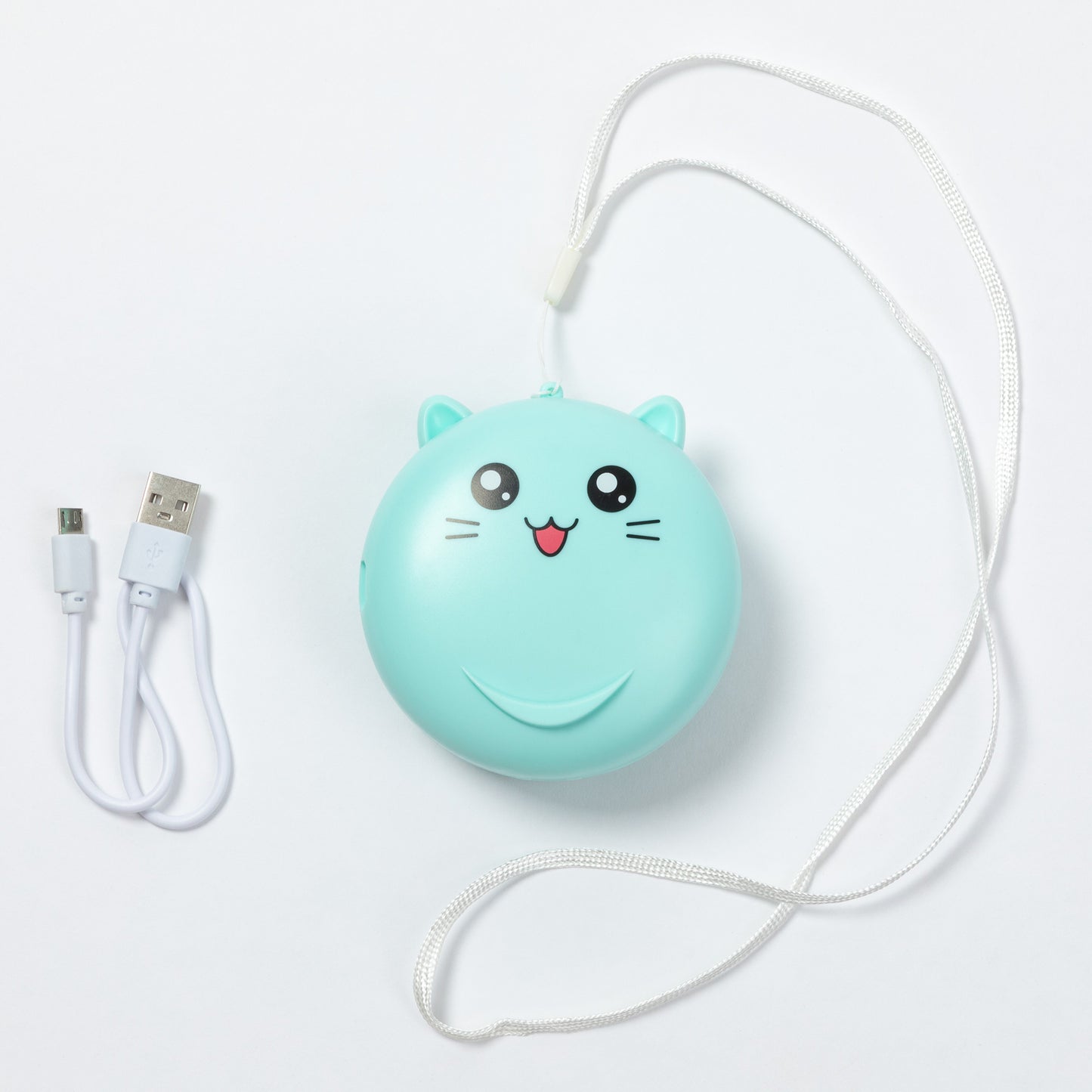A mint green cat-shaped portable charger with a white carrying strap and a white USB charging cable, shown on a clean white background.