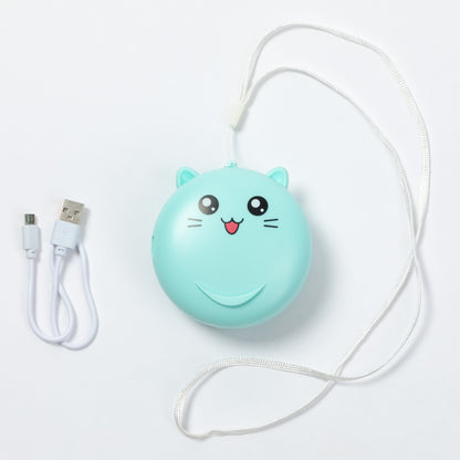A mint green cat-shaped portable charger with a white carrying strap and a white USB charging cable, shown on a clean white background.