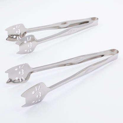 Set of two metal tongs with cat faces on a white background