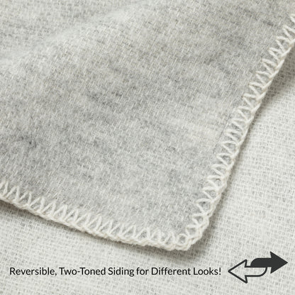 Close-up of a light gray heathered fabric corner with white zigzag stitching, showing reversible two-toned sides with text and arrow overlay.