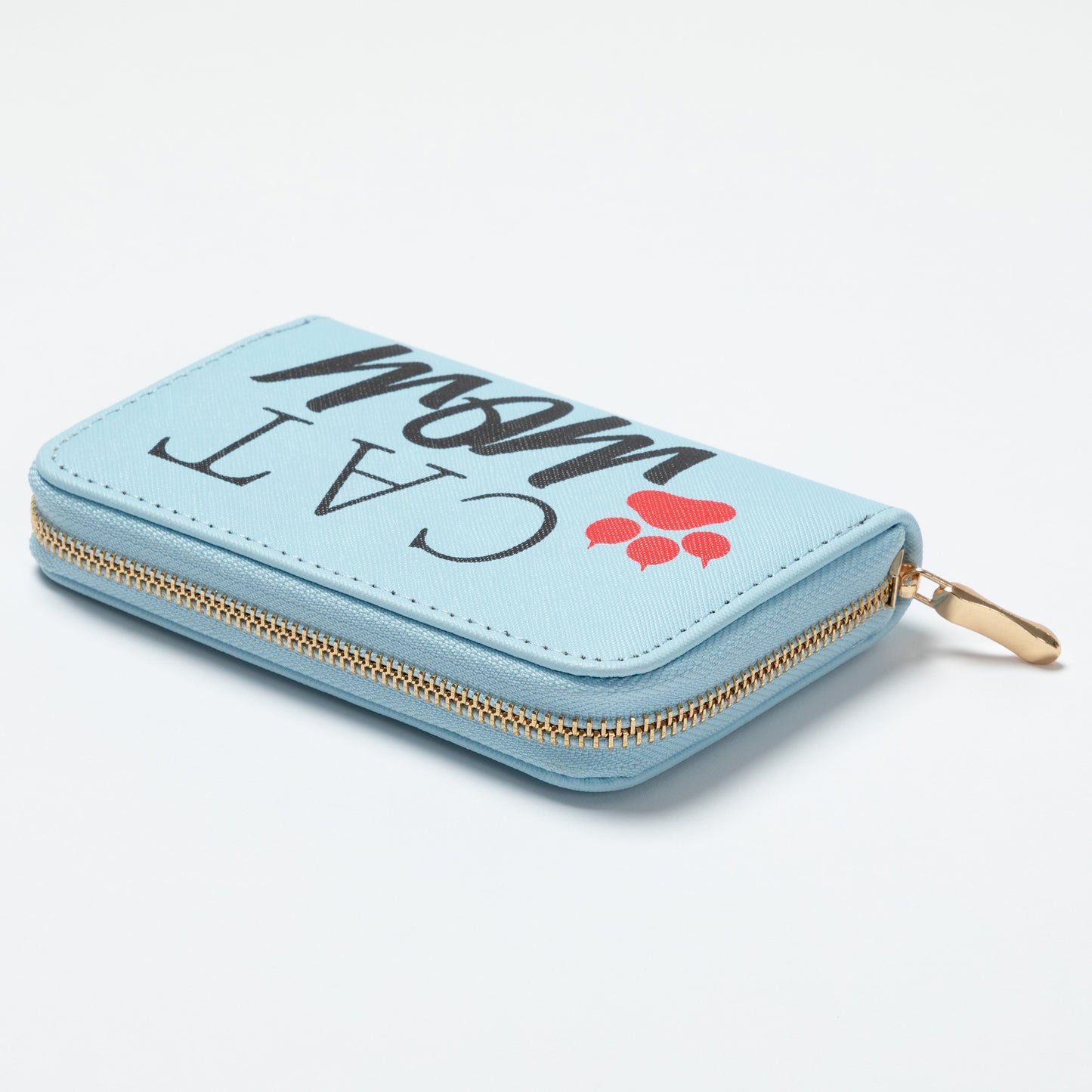 Light blue wallet with 'Cat Mom' text and paw print on a white background