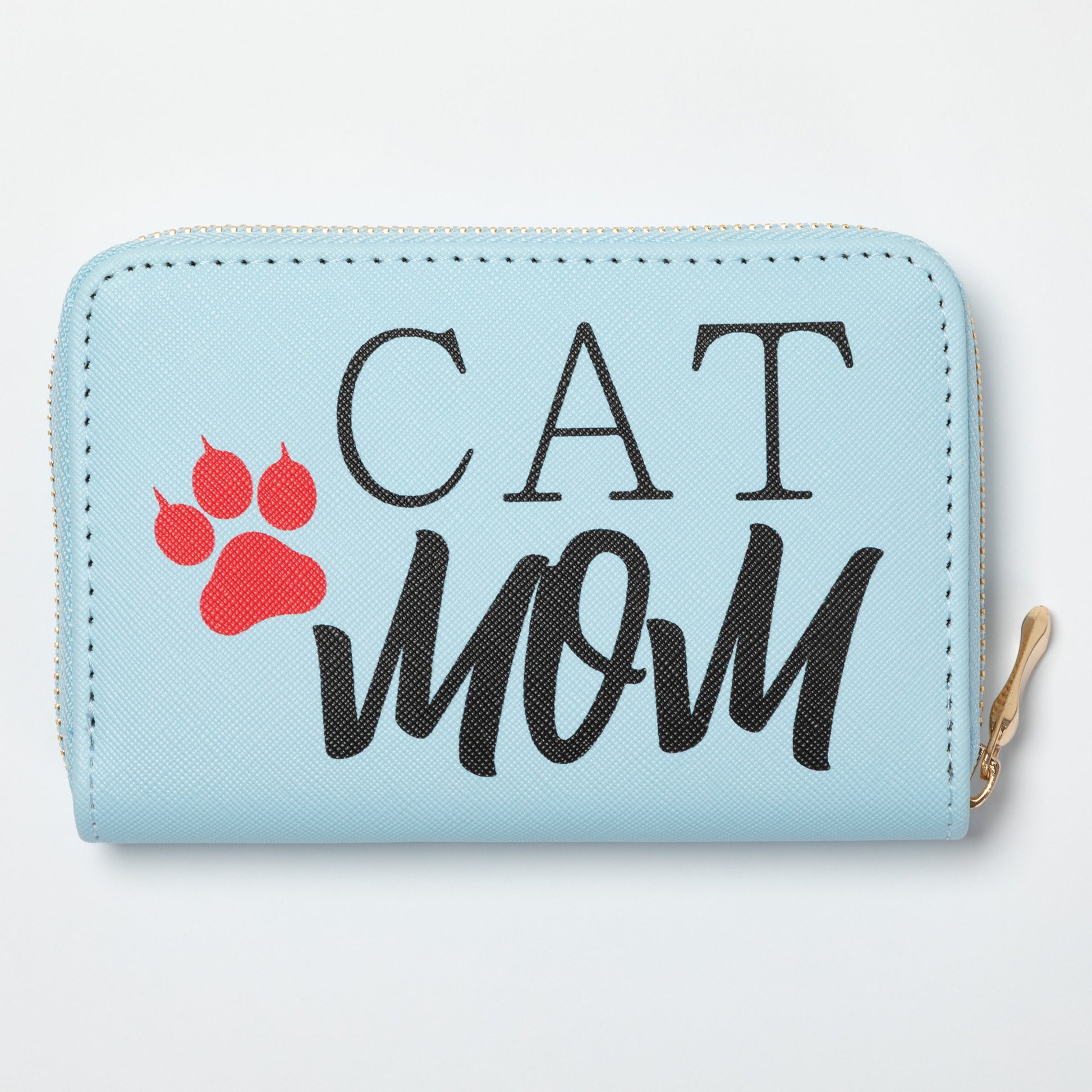 Light blue wallet with 'CAT MOM' text and red paw print on a white background
