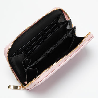 Pink wallet with gold zipper on a white background
